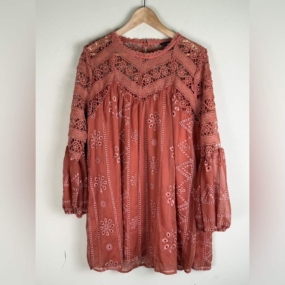 Strut & Bolt Laurel Terracotta Eyelet Crocheted Embroidered‎ Mini Dress LRG BOHO